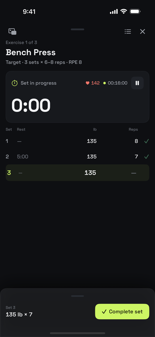 Ollim live session — Bench Press targeting 3 sets of 6–8 reps at RPE 8, with two sets logged at 135 lb, set 3 ready at 135 lb for 7 reps, and a lime Complete set button.