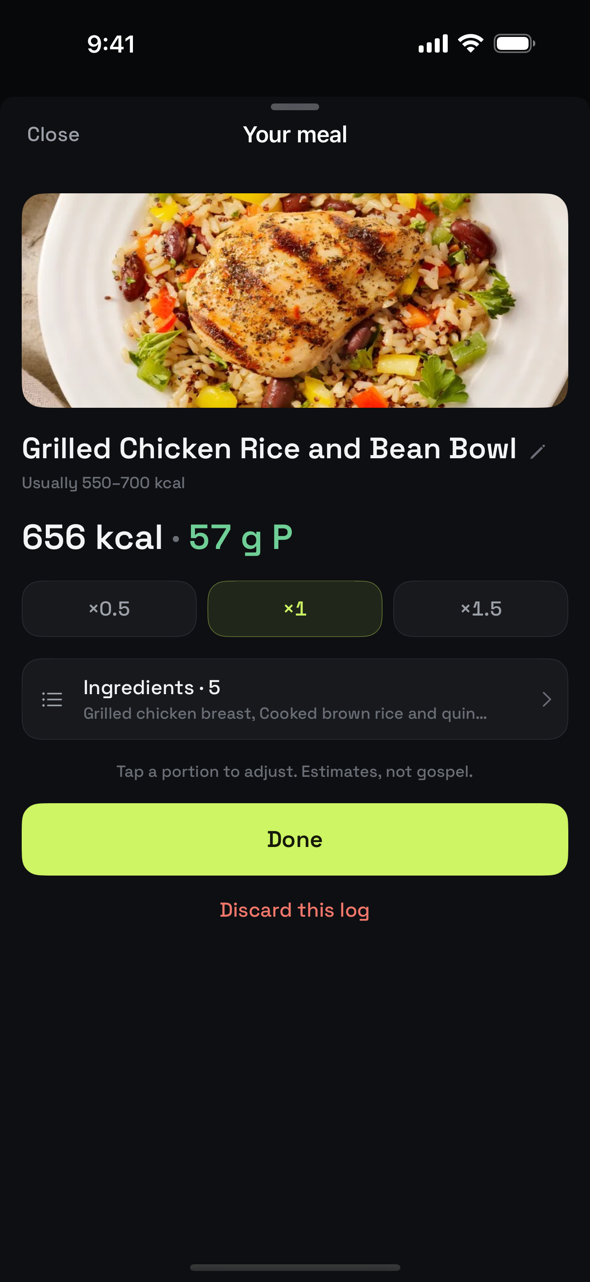 Ollim meal estimate — a photographed plate named "Grilled Chicken Rice and Bean Bowl" at 656 kcal and 57 g protein, with ×0.5 / ×1 / ×1.5 portion controls and its five ingredients one tap away.