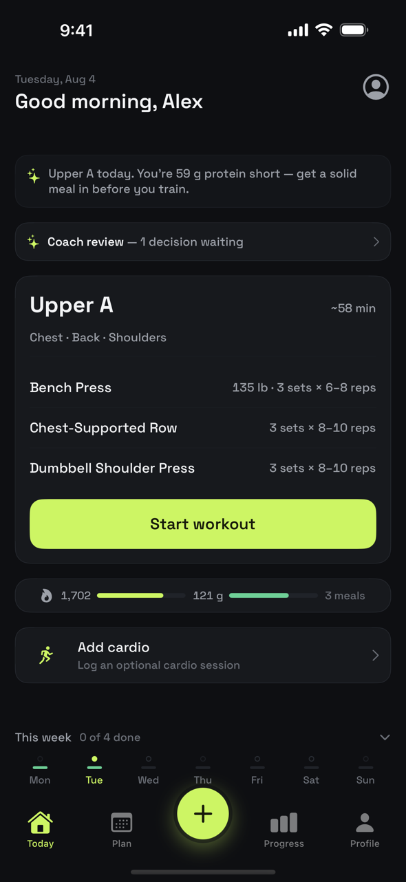 Ollim Today screen — the coach's line for the day, an Upper A session with Bench Press, Chest-Supported Row and Dumbbell Shoulder Press, today's calories and protein in one row, and the week strip collapsed under “0 of 4 done”.