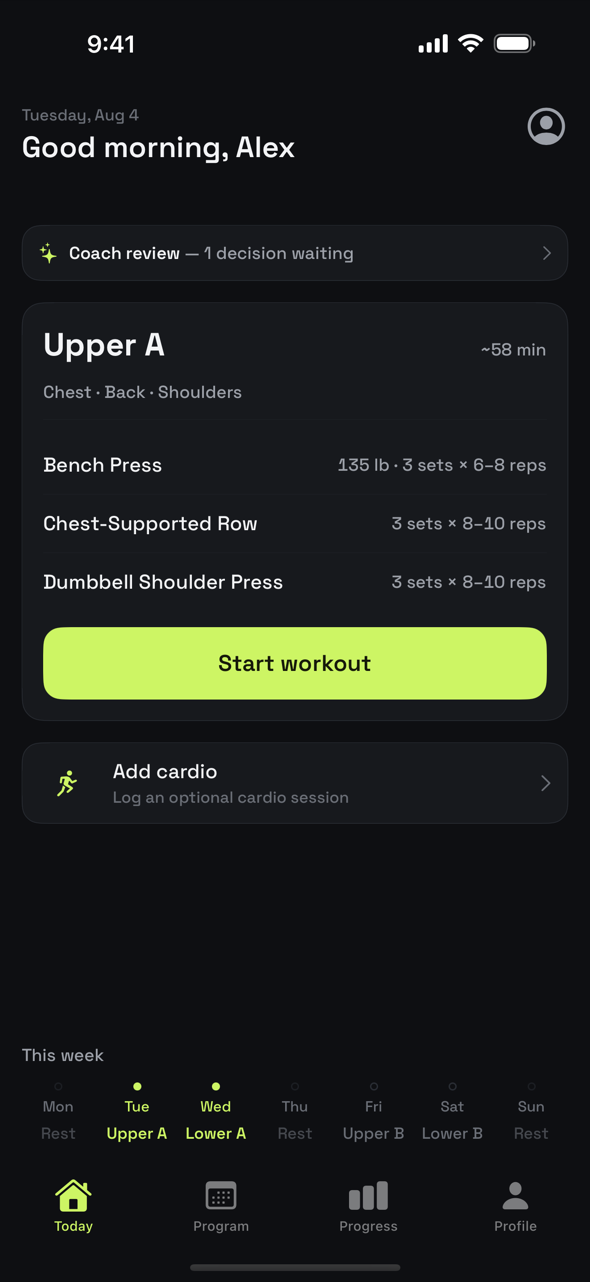 Ollim Today screen — an Upper A workout with Bench Press, Chest-Supported Row, and Dumbbell Shoulder Press, plus a lime Start workout button.